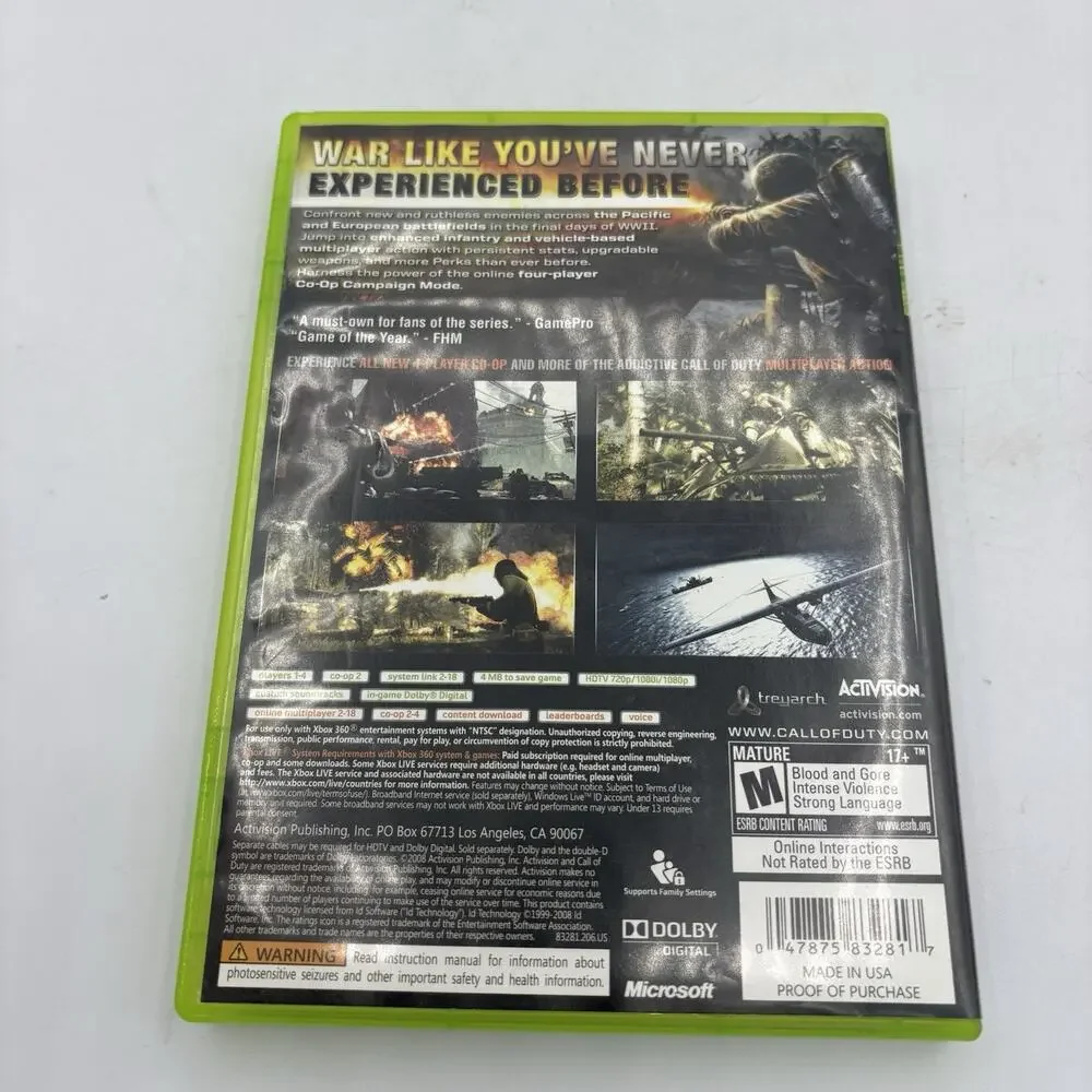 Microsoft Xbox 360 Video Game Call of Duty World at War Live w Manual Activision